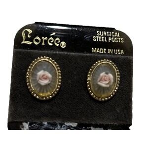 Vintage Rose Cameo Style Stud Earrings Gold Tone Oval Romantic Feminine